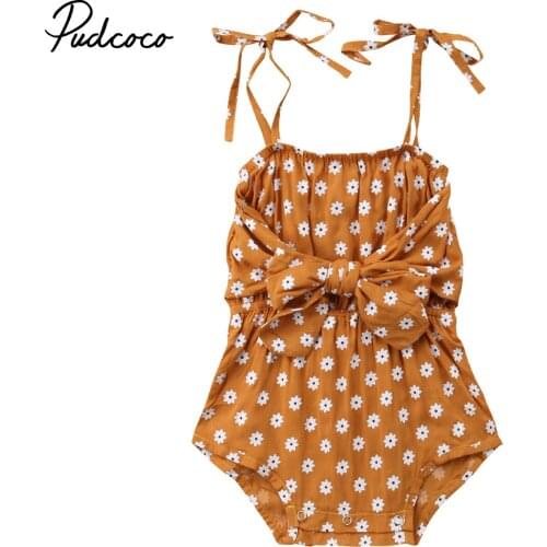 2018 Brand New 0-24M Newborn Infant Baby Girls Summer Causal Romper Sleeveless Belt Floral Print Brown Bow Belt Jumpsuits Romper
