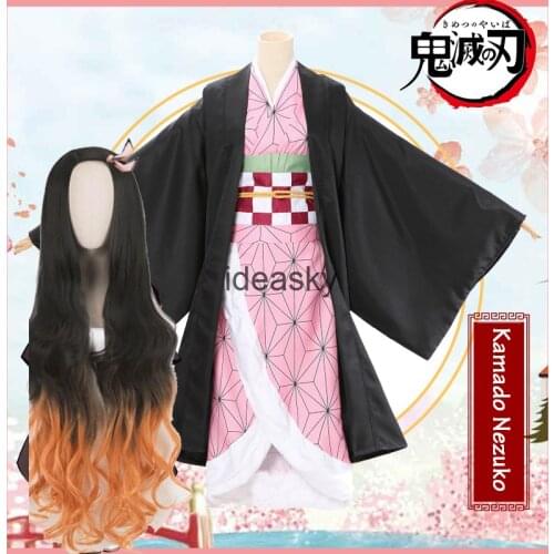 Anime Demon Slayer Kimetsu no Yaiba Kamado Nezuko Cosplay Wig Tooth Mouth kids girls children women adult Cosplay Costume