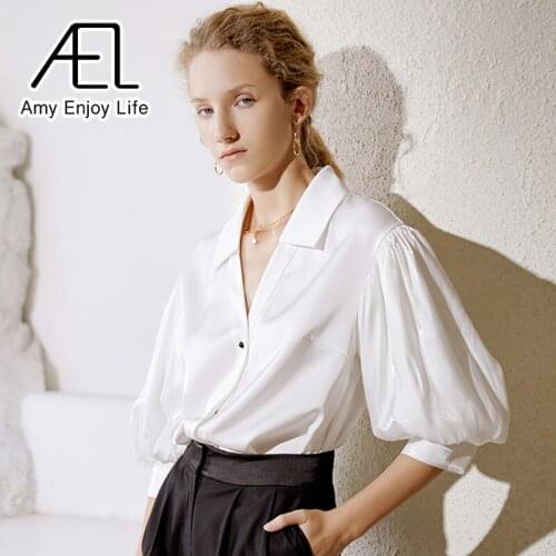AEL Satin Shirt Women Summer Loose Solid Tops V-Neck Lantern Sleeve Ladies Causal Blouse Streetwear