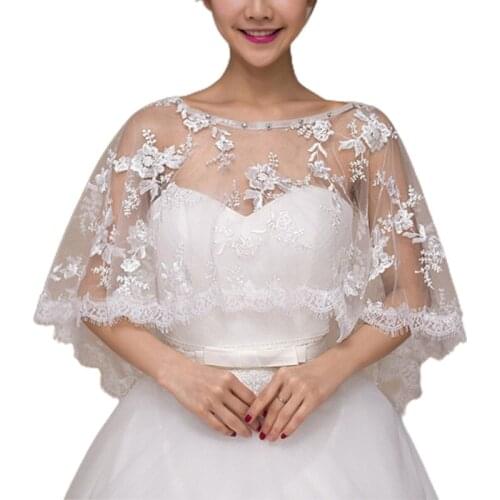 Women Embroidery Floral Lace Wedding Shawl Cape Rhinestone Bridal Capelet Bolero AXYD