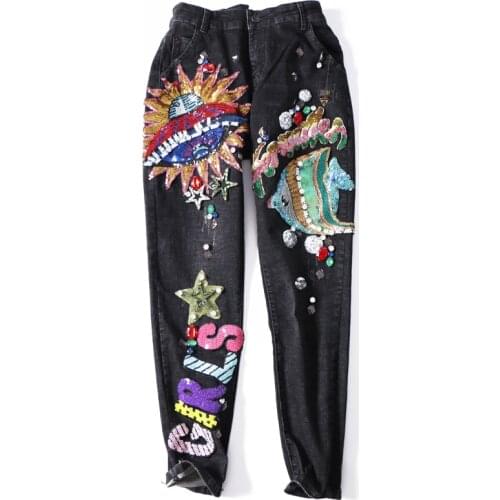 Sequined Skinny Bottoms Jeans For Girls Trousers For Women Jeans Casual Denim Pants Femme Pencil Beading Pattern Pants