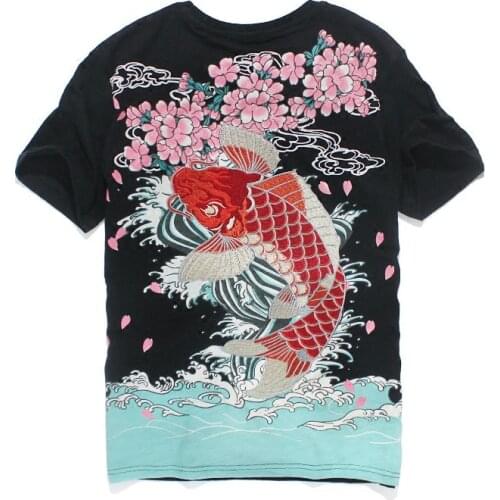 Japanese Style Loose Koi Embroidered Short Sleeve T-shirt Woman and Man Peach Flower Carp Slab Cotton Tshirt Male Loose Shirts