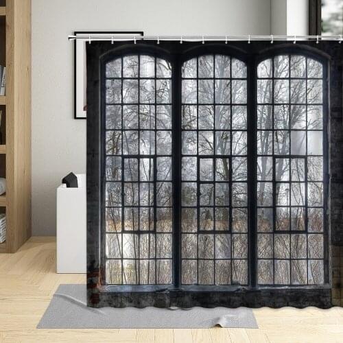 Industrial Shower Curtain Old Vintage Window Winter Forest Trees Bathroom Decor Wooden Door Curtains With Hooks Waterproof Fabri