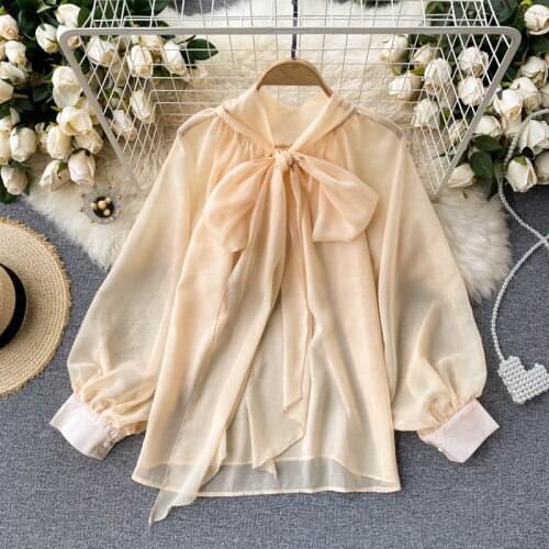 Bow Shirt for Women Korean Style Spring Summer New Lantern Sleeve Solid Color Casual Loose Blouse Blusas Mujer De Moda 2021