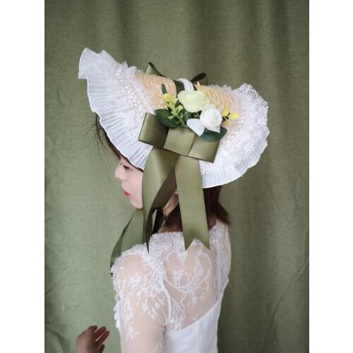2020 Lolita Vintage Straw Hat Green Ribbon Bonnet Straw Lace Fascinator Hat Flower Headdress Costume Fancy Show Women Headwear
