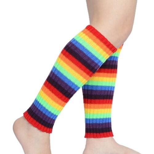 Women Calf Length Leg Warmers Japanese Harajuku Rainbow Colorful Striped Knitted Long Socks Cosplay Party Costume Stockings
