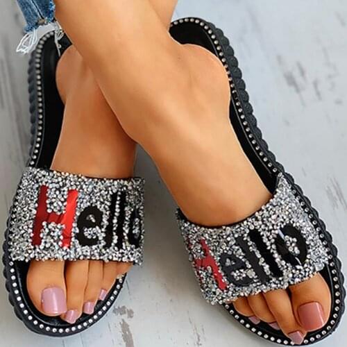 2020 Dropship Leisure Beach Vacation Cozy Flat Sandal Summer Hello Sequined Women Shoes Slides Slippers
