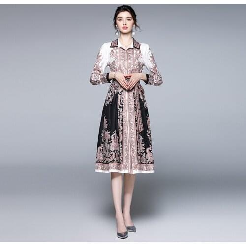 2021 Runway Turn Down Collar Shirt Dress Women Luxury Black Pink Floral Printed Long Sleeve Elegant Vintage Midi Dress k6825