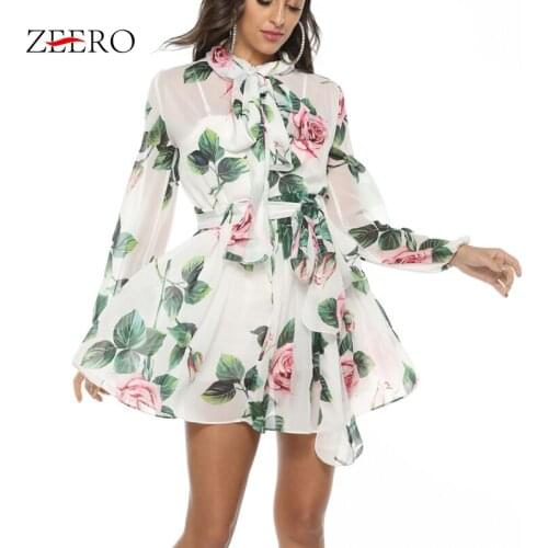 Autumn Women Runway Rose Floral Print Long Sleeve Bow Neck Boho Beach Dress Elegant Female Chiffon Mini Party Dresses Vestidos