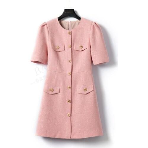 2021 New French Pink Sweet Thin Tweed Dress Short Sleeves Slim Vintage Elegant Womens Office Dress Chic Party Dress Vestidos