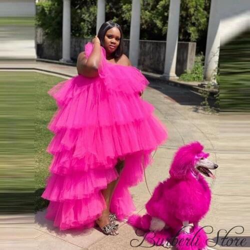 New Hot Pink Tulle Party Dresses Women Plus Size Ruffled Hi Low Tulle Dress Birthday Prom Beach Photo Shoot Girls Tulle Gowns