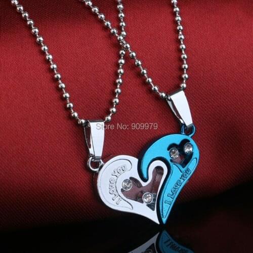 2PC/Set Love Heart Ctrstal Blue And Lovers Women Girls Couples Gifts Party Jewelry Friend Chain Pendant BFF Necklace