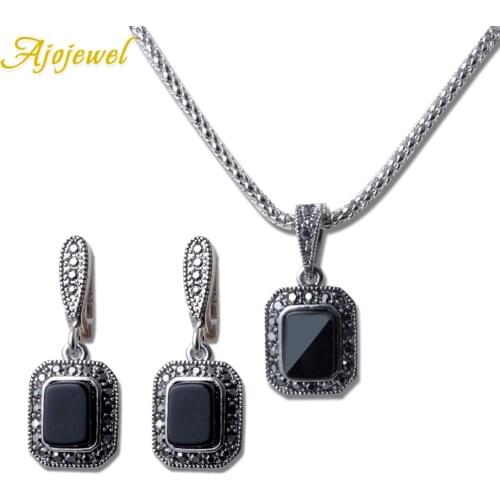 Ajojewel Square Semi-precious Stone Black Jewelry Sets Exquisite Earring Necklace High Quality 2 Pcs Set Woman