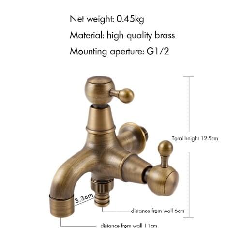 Antique Brass Double Spouts Laundry Bathroom Wall Mount Washing Machine Faucet Single Cold Tap Decorative Outdoor Garden Faucet