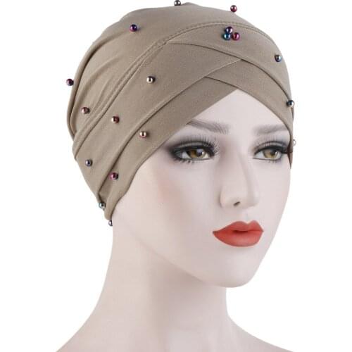 Womens Color Beading Cross Muslim Hijabs Hat Elasticity India Cap Inner Hijab Cap Headband Turban Beading Chemo Cap Headwrap