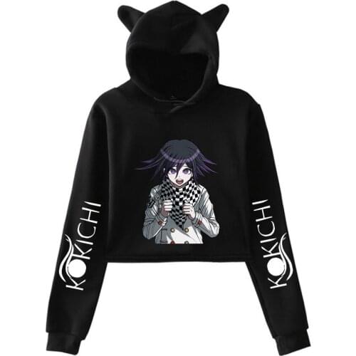 Kokichi Ouma Print Cat Cropped Hoodies Girl Long Sleeve Hooded Pullover Crop Tops Sexy Loose Ins Tide Kpop Novelty street style