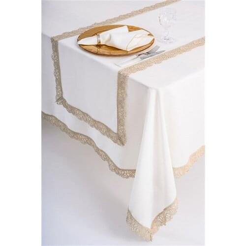 Linen Embroidered Vintage Gold Lace Design Oblong/Rectangle Tablecloth Cream Decorative violet linen napkins dining decoration