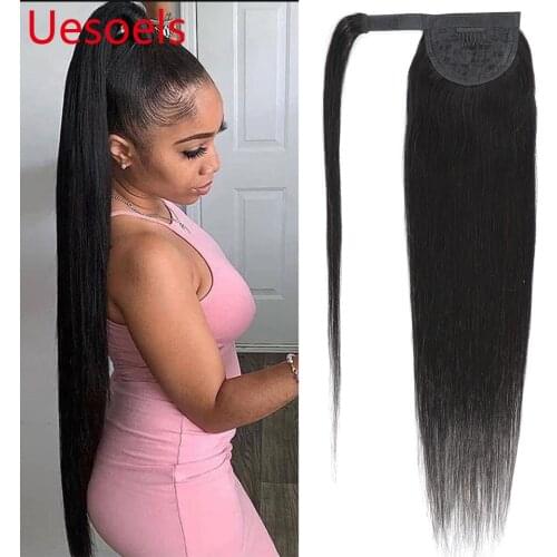 Mongolian 8"-26"Straight Wrap Around Clip In Natural Black 100% Remy Ponytail Human Hair Extension For White Women In Arietis