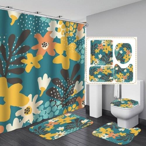 Cartoon Modern Flower Shower Curtain Ins Leaf Style With Non Slip Rug Mat Bathroom Curtain Waterproof Polyester Home Decor 180cm