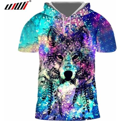 UJWI New Harajuku Men 3d Print Galaxy Space Hooded Tshirt Wolf Casual T-shirts Homme Hip Hop Short Sleeve Hoodies Undershirt 7XL