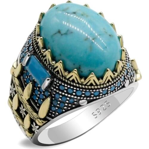 Oval New Natural Turquoise 925 Sterling Silver Mens Ring Claw Setting Design Fashion Popular Mens Gemstone Jewelry Ring Gift