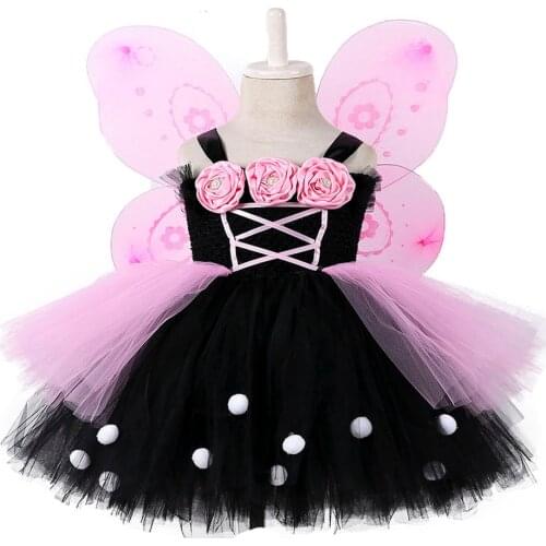 Princess Girl Butterfly Tutu Dress Pink Black Children Birthday Fairy Flower Girls Birthday Party Photo Tutu Dresses With Wings