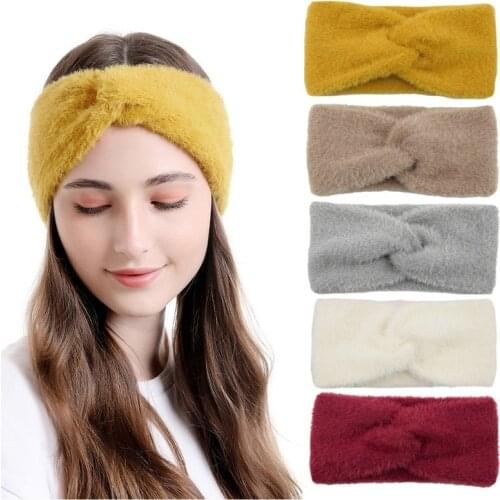 Fashion Mink Fur Cross Headbands for Women Girls Soft Wide Plush Stretch Knot Hairbands Turbans Ladies Winter Hair Accessories