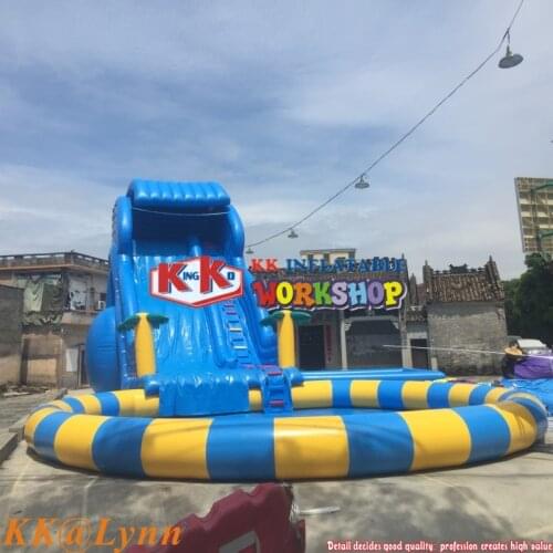 2020 Commercial Inflatable Giant Blue PVC Slide Kids Water Slide With Round Swimming Pool