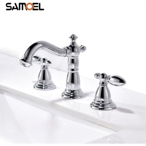 Deck Mount Brass 3 hole Lavatory Basin Mixer Taps Dual Handle Chrome Bathroom Sink Faucet 3pcs 1215C