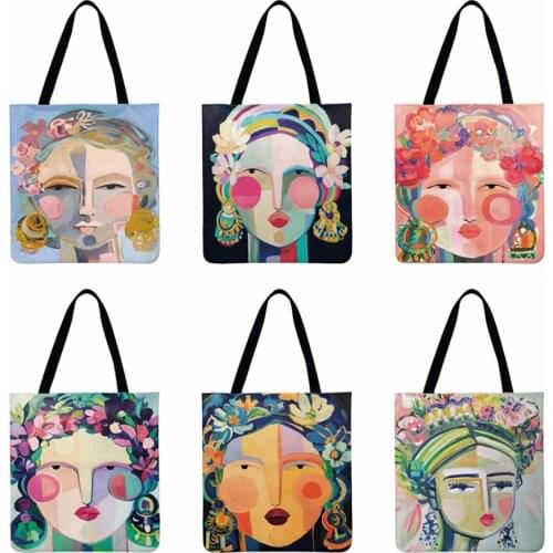Retro Abstract Girl Oil Painting Printed Tote Bag linen febric Casual Tote Reusable Shopping Bag Foldable Shoulder Bag Hand Bag