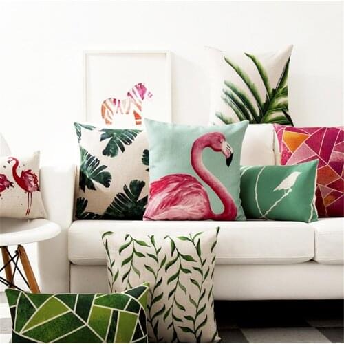 Tropical Plant Green Palm Leaf Flamingo Animals Printed Throw Pillow Cushion Case Cover Polyester Decoration Pillowcase
