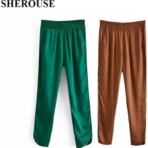 SHEROUSE Women Fashion Split Solid Pants Vintage Elastic Waist Hight-waist Casual Female Trousers Chic Lady Pants