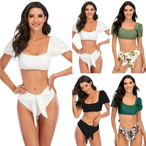 2021 New Swimwear Women High Waist Solid Layer Push Up Hip Lift Bikini Printing Sexy Bowknot Biquini Swimming Pool Beach Wear