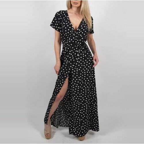 40# Bohemia Women Polka Dot Maxi Dress Short Sleeve V-neck Low Cut Dress Women Elegant Sexy Split Summer Dresses For Women 2021