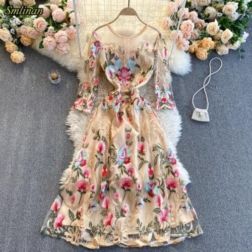 Smlinan Elegant Evening Party Long Dresses Women Clothes Spring Summer Mesh Embroidery Floral Office Dress Ladies Sexy Club