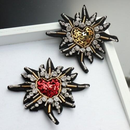 1 Piece Fashion Red Golden Sequins Rhinestones beads heart patches applique sew on beads applique clothes shoes bags patches DIY