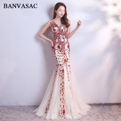 BANVASAC Mermaid Deep V Neck Sequined Appliques Long Evening Dresses 2019 Elegant Party Tulle Backlesss Prom Gowns