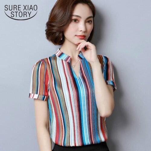 Fashion chiffon blouse womens 2021 short sleeve print office lady women shirts causal plus size womens tops and blouse 2065 50