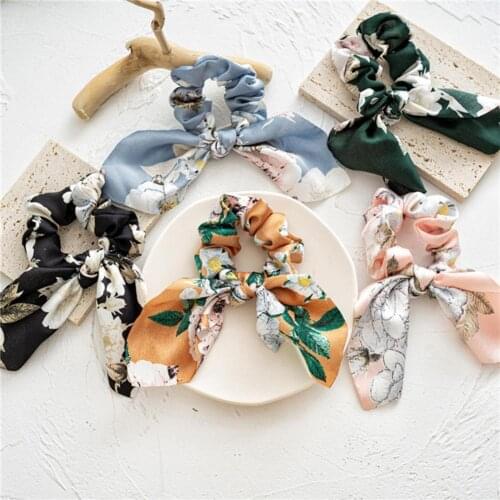 Bohemian Bow Hair Ties Vintage Flower Print Scrunchies Satin Hair Scarf Women Elastic Hairband Rubber Band Hair Accessories