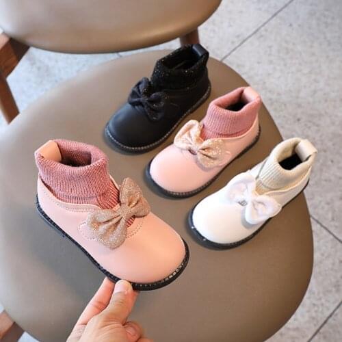 Children Leather Shoes for Girls Butterfly-knot Fashion Shoes Kids Soft Bottom School Shoes Baby Woolen Boots Mary Janes Winter