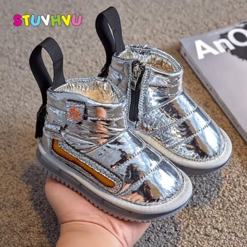 Children Shoes Winter Girls Snow Boots Patent Leather Shiny Waterproof Boys Ankle Boots Plus Velvet Thick Warm Kids Cotton Shoes