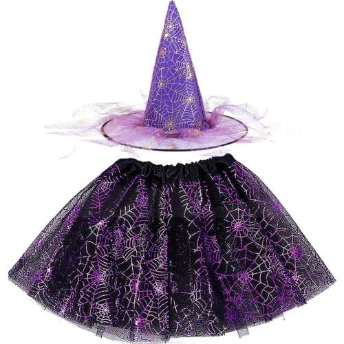 Girl Children Witch Costumes Black Gold Spider Web Witch Hat Halloween Carnival Costume Fancy Dress Party Clothes