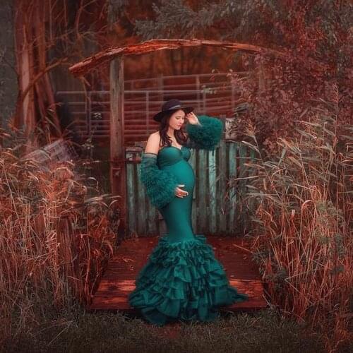 Demure Emerald Green Mermaid Long Maternity Dresses Ruffles Tulle Full Puff Sleeves Maternity Gowns Photoshoot Babyshower