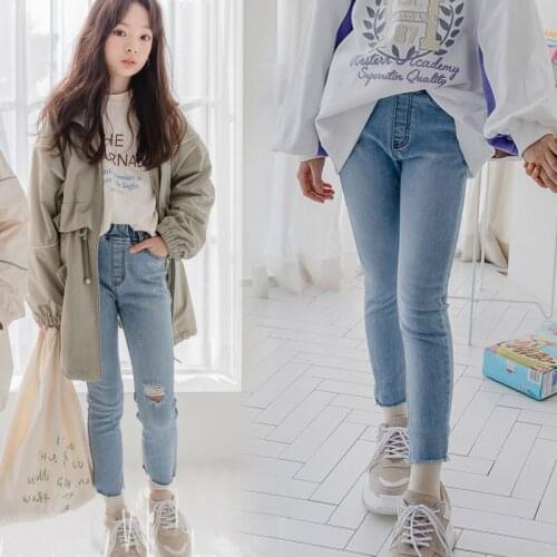 Childrens Jeans 2021 New Fashion Teen Girls Denim Pencil Pants Korean Hole Elasticity Slim Jeans Trousers For Girl 5-11 Years