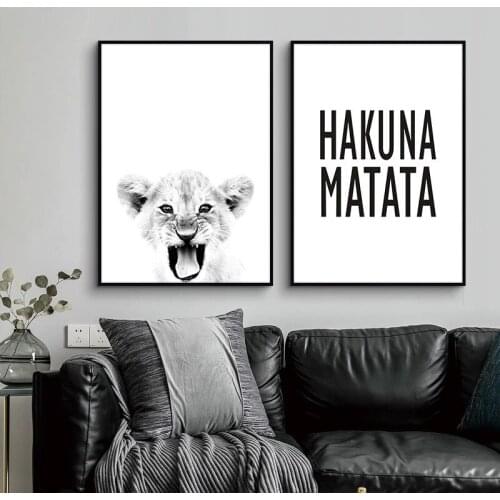Hakuna Matata Quote Scandinavian Art Canvas Painting Baby Lion Print Wildlife Animal Black White Poster for Kids Room Home Decor