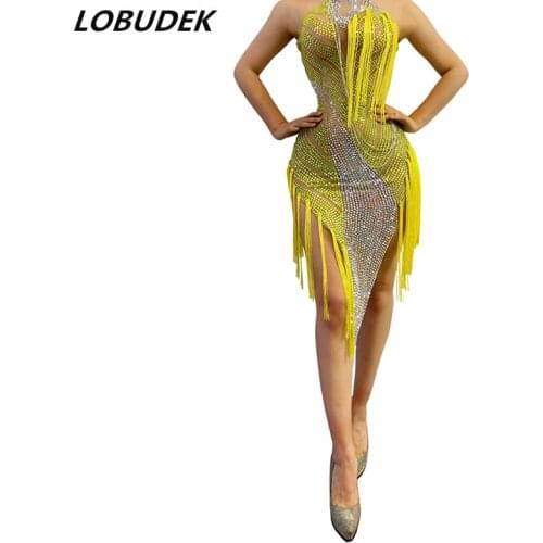 Yellow Tassel Rhinestones Dress Adult Modern Latin Pole Dance Costume DJ Women Singer Dancer Stage Competition Show Sexy Costume