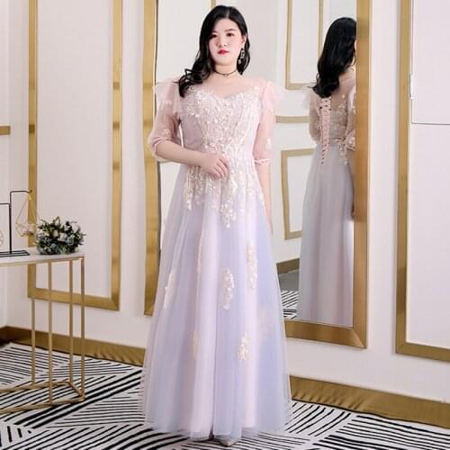 Evening Dresses O-Neck A-line Lace Half Sleeve Ruched Women Party Dress New Floor-length Luxurious Plus Size Formal Gowns D419