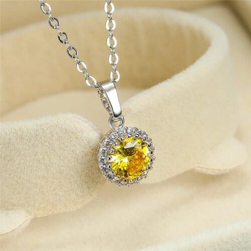 Cute Round Crystal Stone Wedding Necklace Charm Female Rainbow Pendant Necklace Rose Gold Silver Color Chain Necklaces For Women