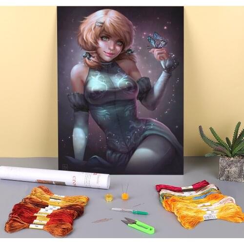 Cartoon Girl Woman Printed Fabric 11CT Cross Stitch Patterns Embroidery DMC Threads Craft Handicraft Hobby Sewing Mulina Magic