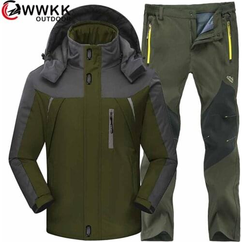 Men Winter Waterproof Fishing Skiing Warm Softshell Fleece Hiking Jackets Male Outdoor Trekking Pant Camping Jacket Set 4XL Suit